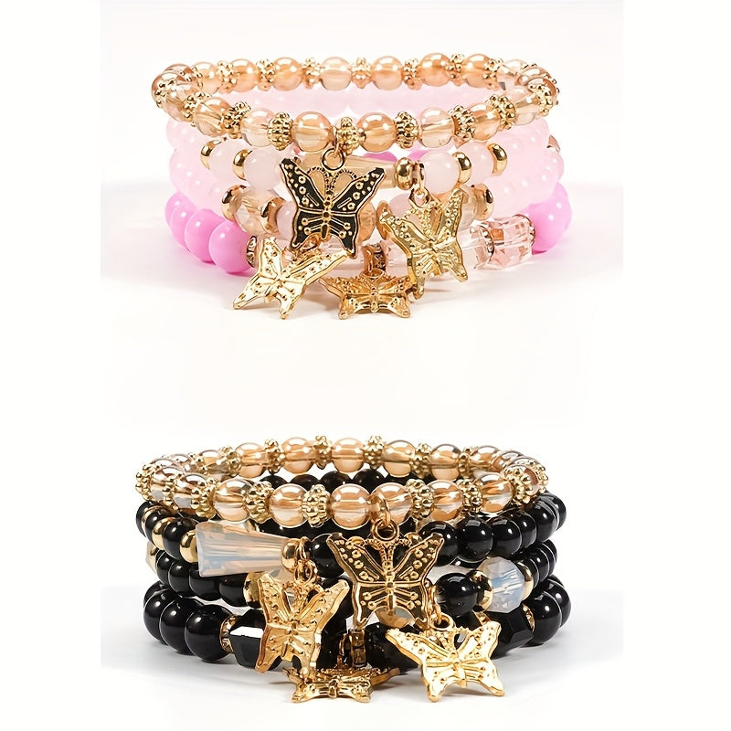 Butterfly Beaded Bracelet Set for Women Boho Stackable – 4 8 16pcs Sparkle Multi-Layered Elastic Charm Bracelets, Bohemian Wrist Jewelry Perfect Birthday Holiday Gift for Her
