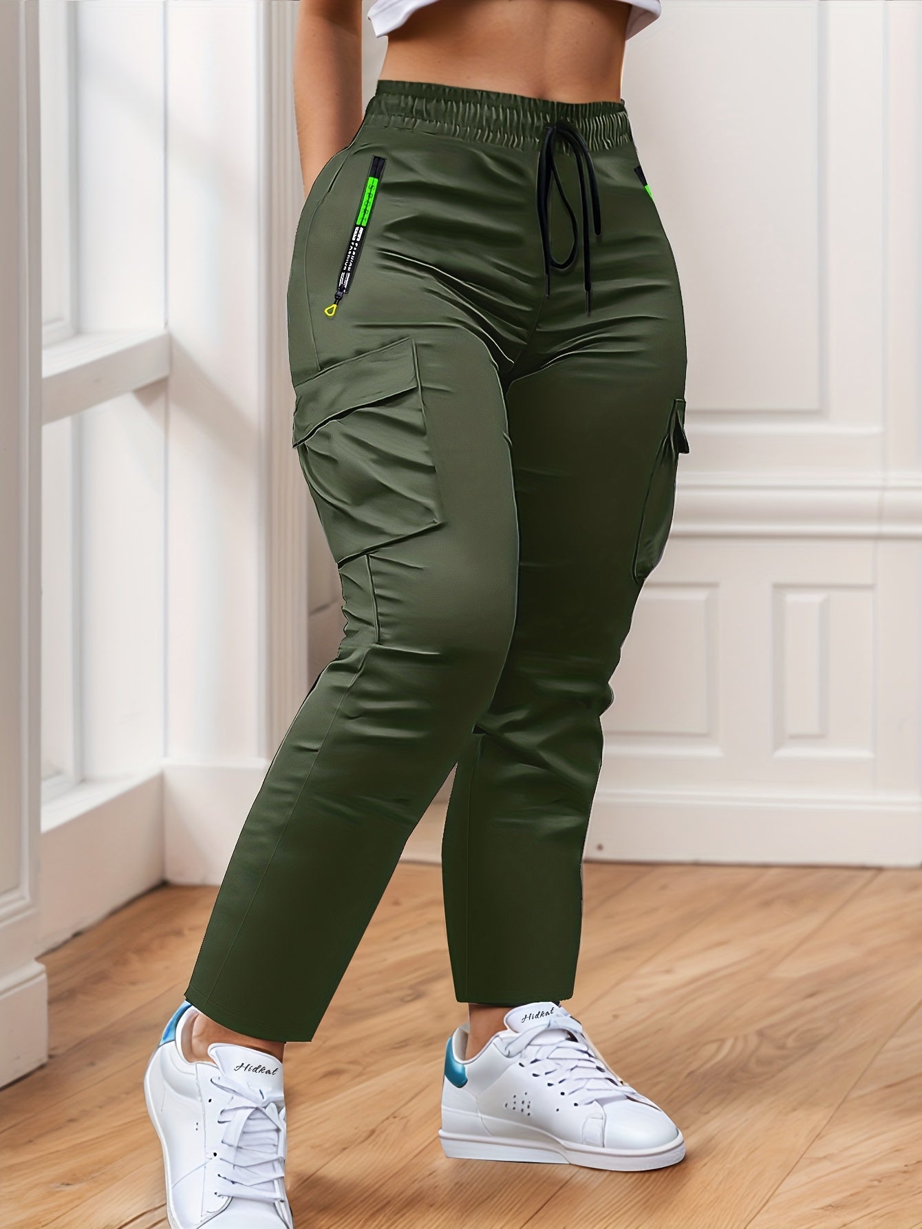 Multi-Pocket Cargo Pants Women Neon Green Zipper Accents Drawstring Waist Full-Length Outdoor Travel Trousers 4 Colors XS-XXL Streetwear