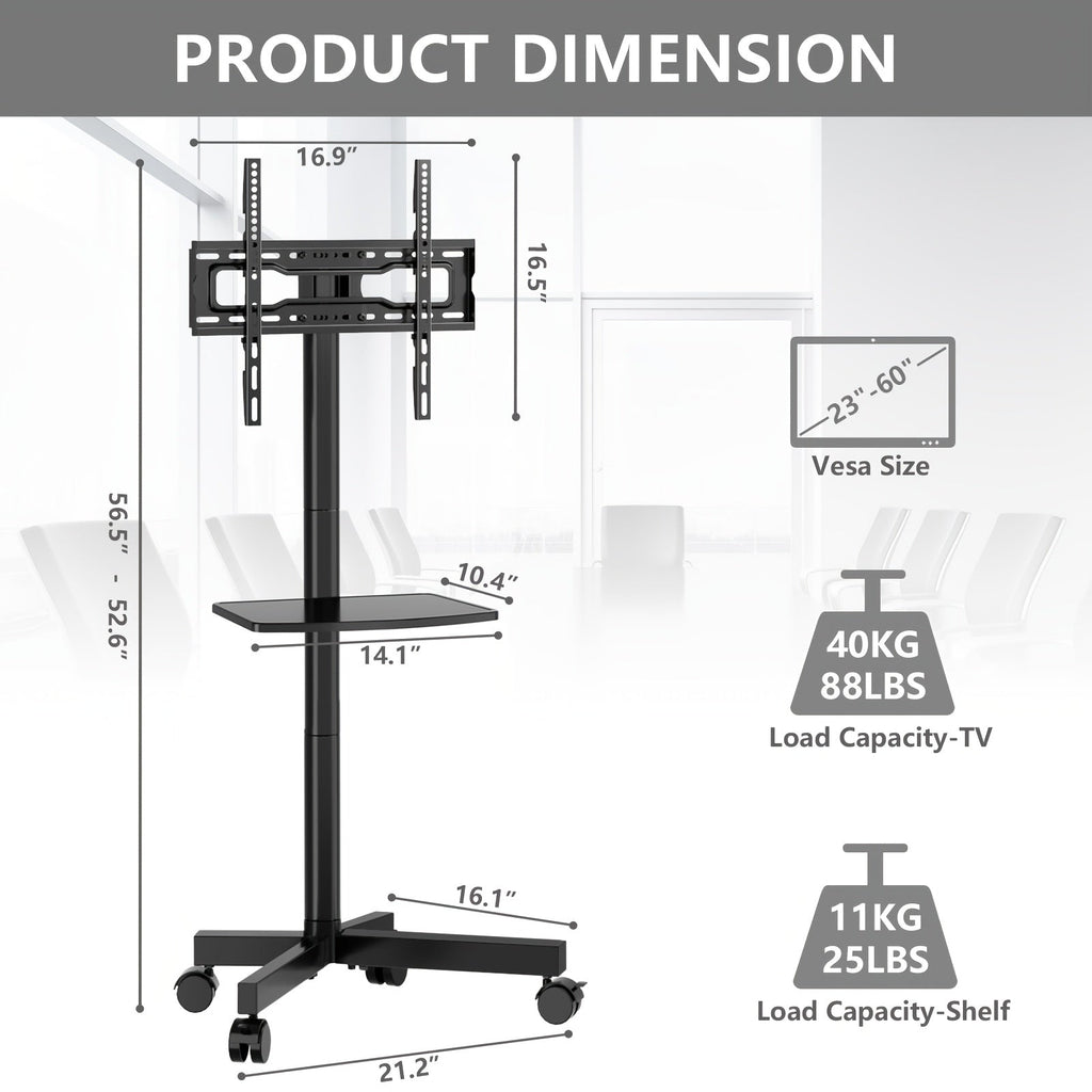 Rolling TV Stand Cart on Wheels for 23-60 Inch TVs Height Adjustable 88lb VESA 400x400 Media Shelf 360 Locking Wheels No Wall Drilling Mobile TV Mount