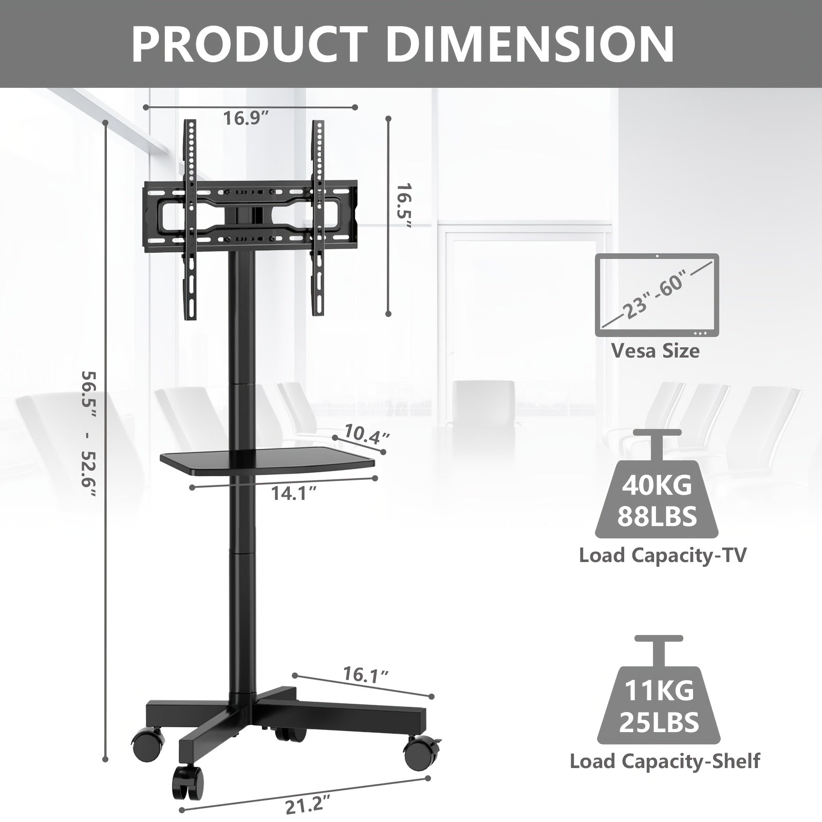 Rolling TV Stand Cart on Wheels for 23-60 Inch TVs Height Adjustable 88lb VESA 400x400 Media Shelf 360 Locking Wheels No Wall Drilling Mobile TV Mount