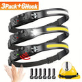 3 Pack Rechargeable COB LED Headlamp 230° Wide Beam Motion Sensor 5 Modes with 6 Hooks – Bright Headband Flashlight for Camping Hiking Work Hard Hat Forehead Head Light for Adults (Single/Dual/Triple Strip)