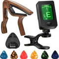 Guitar Clip-On Tuner & Capo Set with Picks 9pcs – Chromatic Multi-Mode Tuner for Acoustic, Electric, Bass, Violin & Ukulele, Spring-Loaded Capo, Rosewood Picks Included