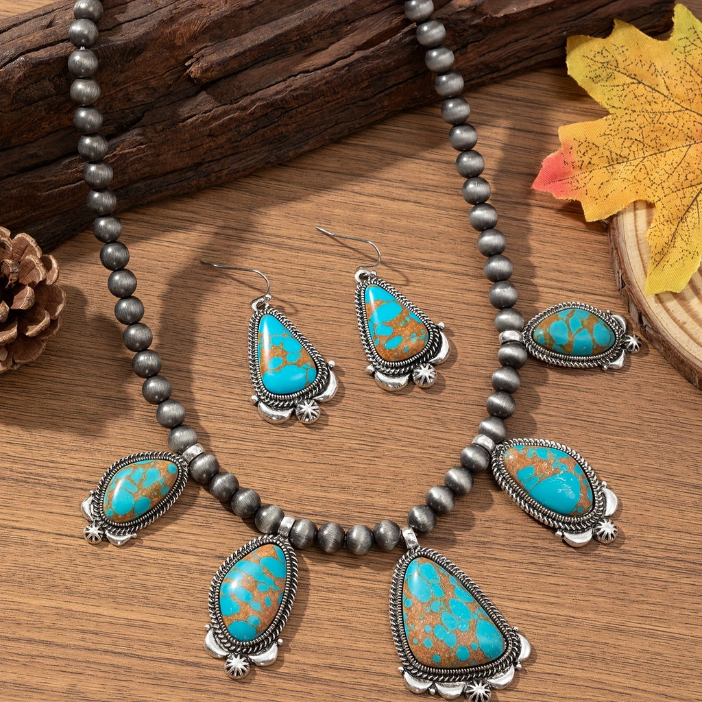Vintage Boho Turquoise & Orange Beadwork Earrings Necklace Set for Women – Ethnic Zinc Alloy Jewelry for Everyday Holiday Festival Gift
