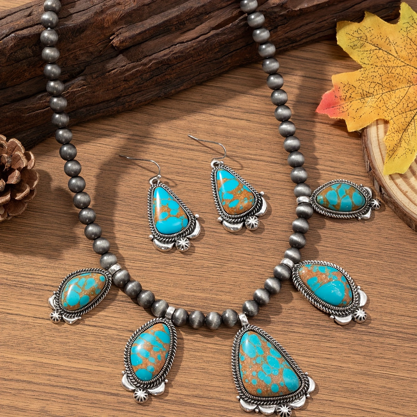 Vintage Boho Turquoise & Orange Beadwork Earrings Necklace Set for Women – Ethnic Zinc Alloy Jewelry for Everyday Holiday Festival Gift