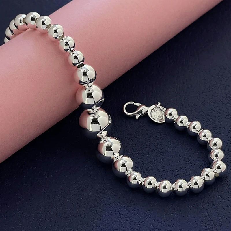 S925 Sterling Silver Beaded Bracelet Set for Women 3pcs – Handcrafted Stackable Round Bead Minimalist Bracelets 15.68g Hypoallergenic Daily Wear Valentine's Day Birthday Anniversary Gift