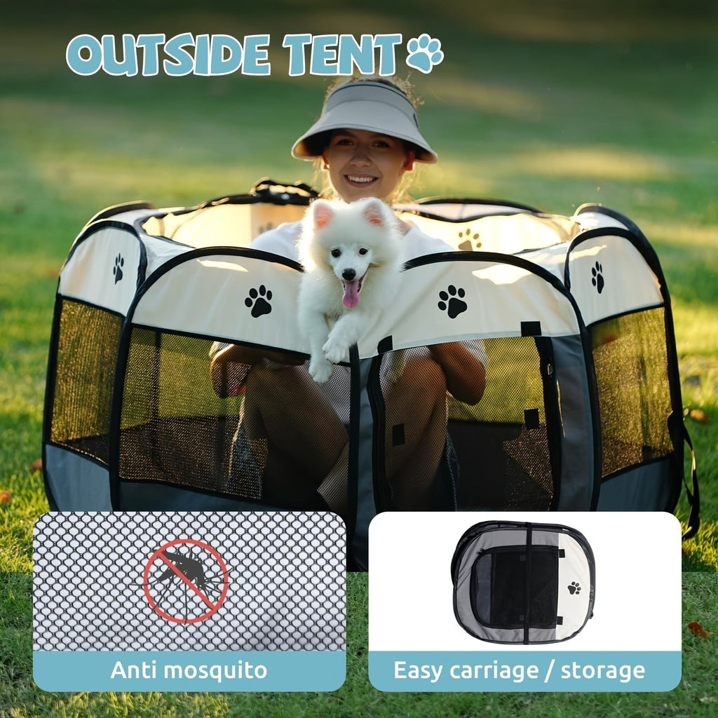 Octagonal Pet Playpen Tent Foldable Oxford Fabric - No Assembly Indoor Outdoor Dog Cat Enclosure Kennel Maternity Room M L XL Blue & Beige, Portable Collapsible Pet Exercise Pen