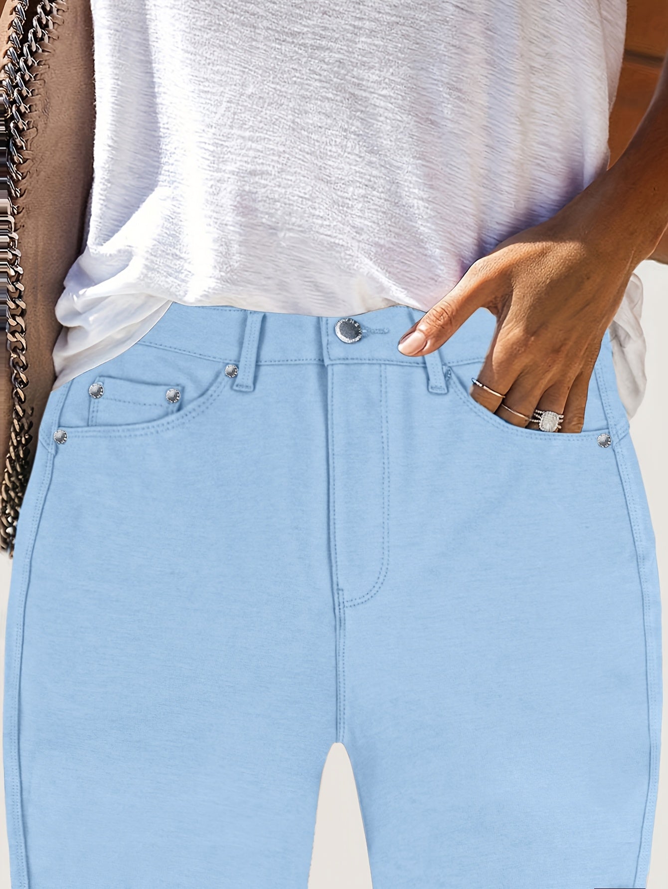 High Waist Stretch Skinny Jeans Women Metal Button Detail Street Style Slim Fit Denim Pants 10 Colors S-XXL