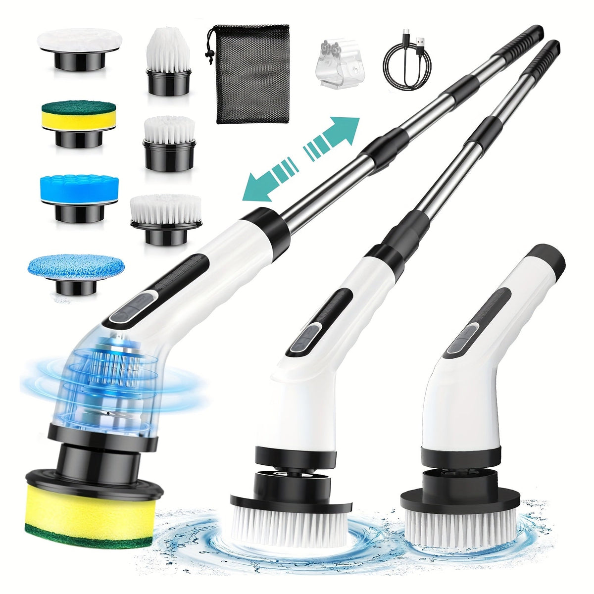 Electric Spin Scrubber Cordless with 7 Replaceable Brush Heads – Dual Adjustable Speeds Adjustable Detachable Handle for Bathroom Tub Tile Grout Floor Shower Kitchen Cleaning, White & Black