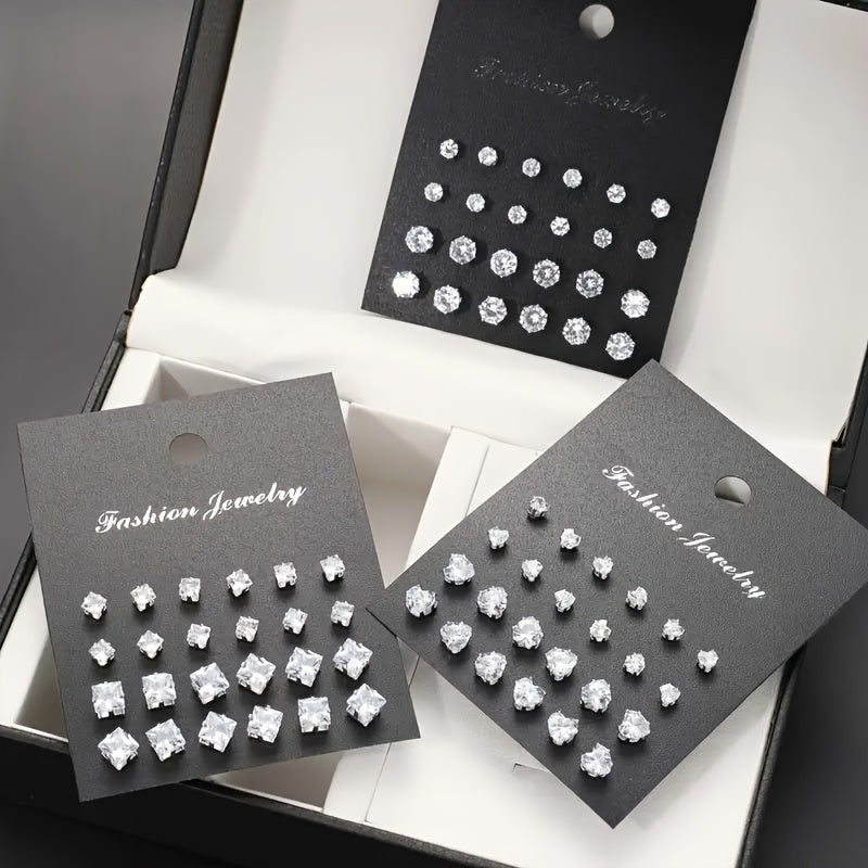 72-Piece Sparkling Zircon Stud Earrings Set – Geometric Heart Round Square CZ Crystal Earring Pack for Women Men Hypoallergenic Fashion Jewelry Gift Birthday Valentine's Day