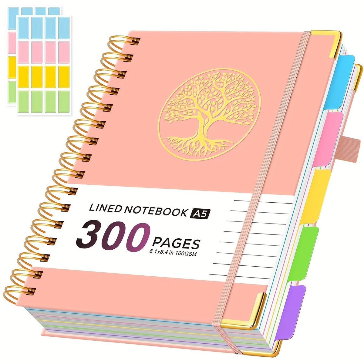 A5 Hardcover 5-Subject Spiral Notebook 300 College-Ruled Pages with Removable Divider Tabs Built-In Pocket 6.1x8.4 Inch Lined Journal for Students Work School Note Taking Purple Green Pink Black