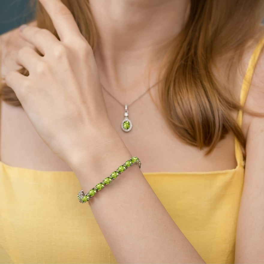 Green Peridot Tennis Bracelet 925 Sterling Silver Zirconia Accents – Elegant Gemstone Wrist Jewelry for Women, August Birthstone Gift for Birthday Mother's Day Valentine's Day Anniversary