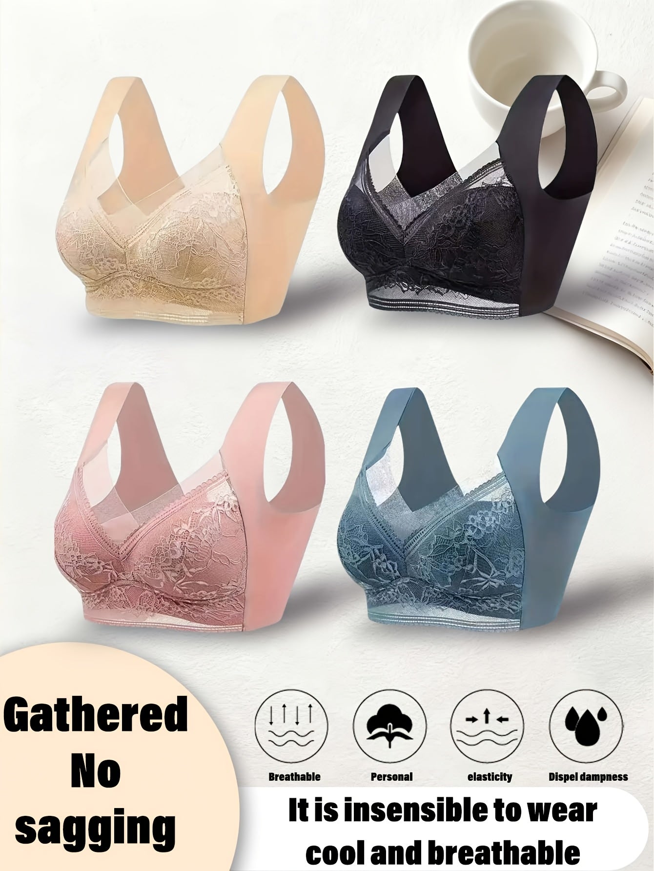 4 Pack Lace Ice Silk Bra Vest for Women – Wire-Free Gathered Support Traceless Seamless Camisole Bra with Beautiful Back Design, Breathable Thin Underwear S-XXL, 2 Multicolor Sets