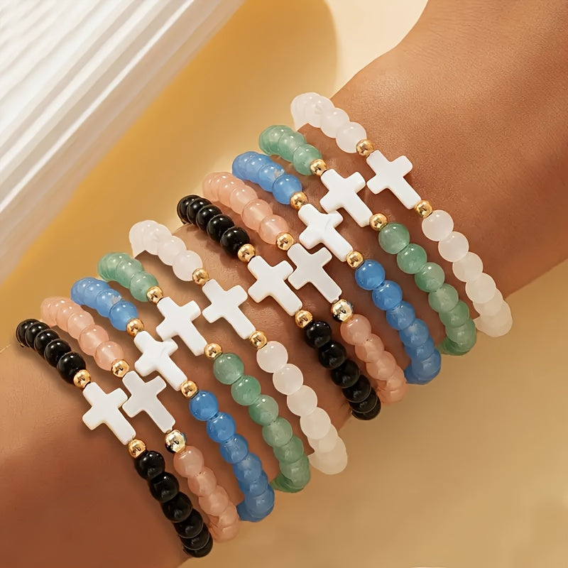 Cross Glass Bead Bracelet Set 10pcs Boho Stackable – Multi-Layer Elastic Wristbands with Zircon & Zinc Alloy Accents for Women, Elegant Spiritual Jewelry for Daily Wear, Parties & Gifting