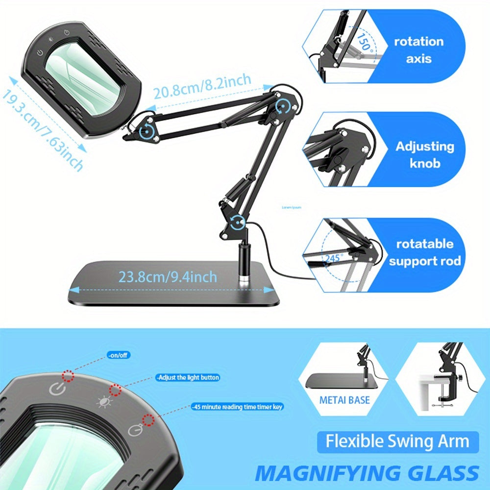 15X Magnification LED Magnifying Glass Lamp with Adjustable Arm & Clamp Base – Dimmable 3-Color Light, USB-Powered Desk Magnifier for Reading, Crafts, Manicure, Sewing & Precision Work (Black/White)