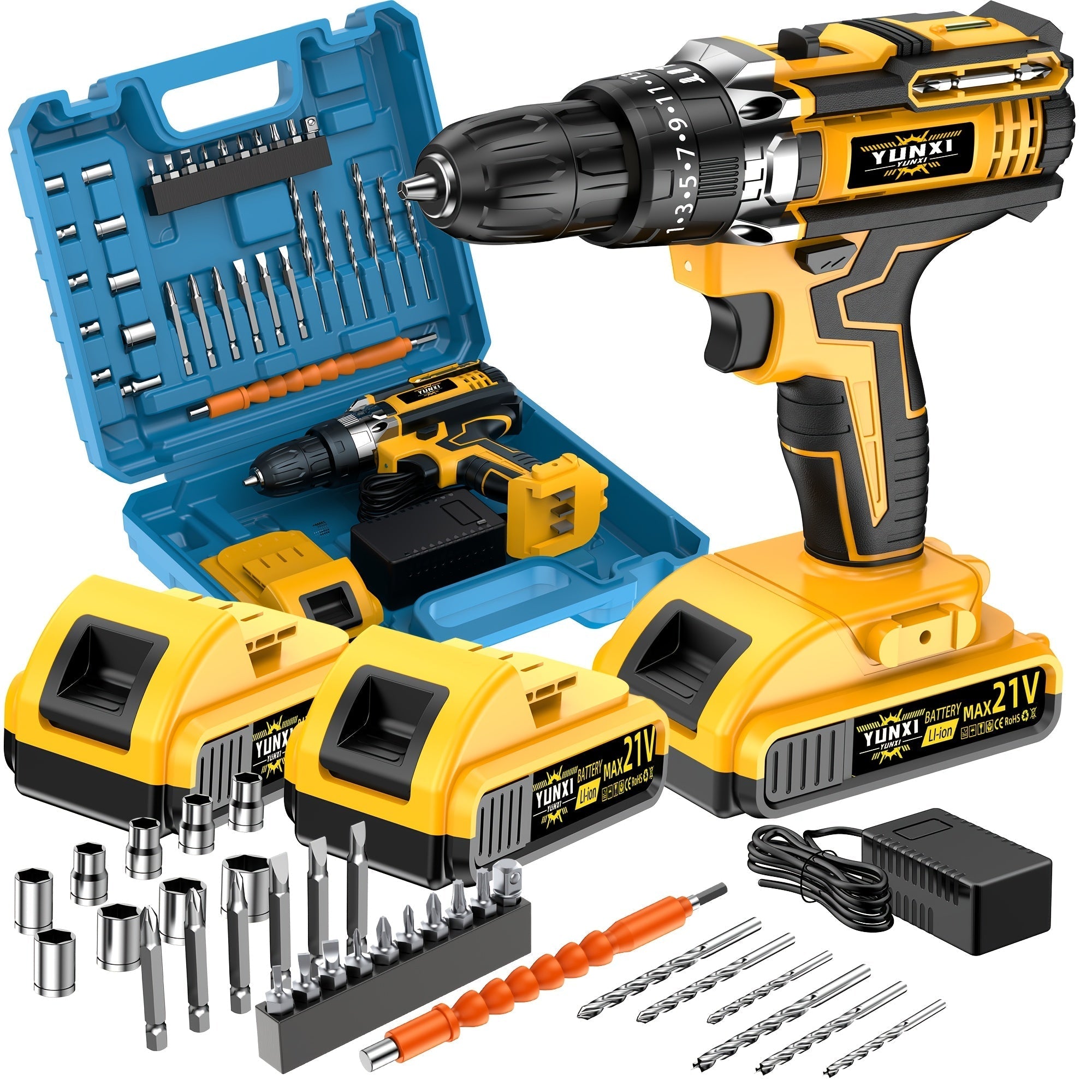 21V Cordless Impact Drill Set 2.0Ah Battery & Fast Charger with Work Light Speed & Torque Adjustment Electric Screwdriver Combo – Optional Storage Box for Car & Home Repair DIY Men's Gift