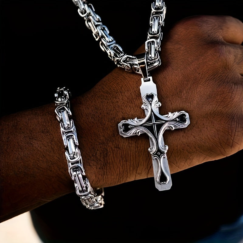 304 Stainless Steel Cuban Chain Necklace & Bracelet Set for Men – Religious Cross Pendant, Tarnish-Resistant Hip Hop Jewelry, Silver Tone, Daily Wear & Gift