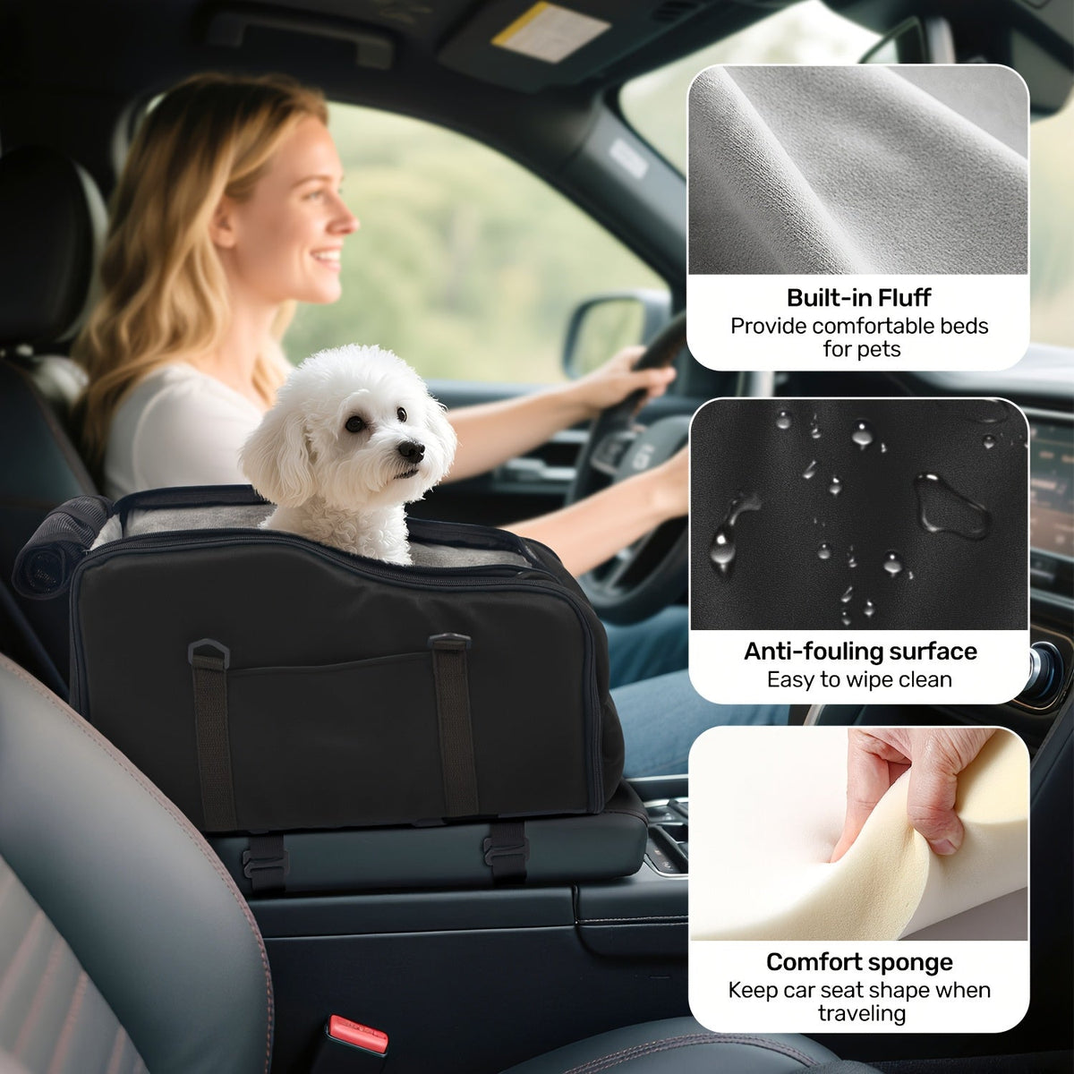Pet Car Booster Seat with Safety Harness Center Console Dog Car Carrier Nest for Small Dogs Cats Portable Travel Pet Bed Easy-Clean Multiple Colors