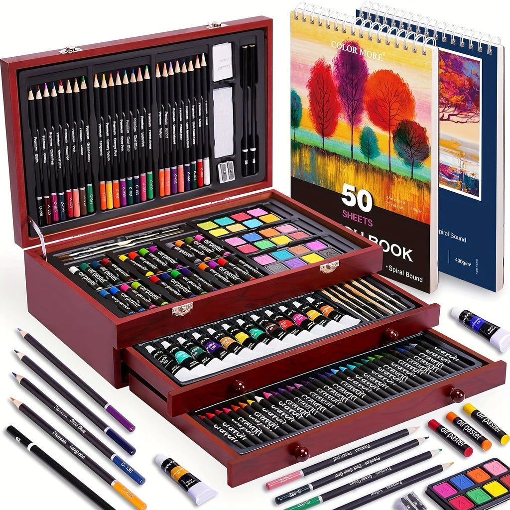 175-Piece Deluxe Art Set in Wooden Case – Professional Art Kit with 2 Drawing Pads, Crayons, Acrylic Paints & Colored Pencils, All-in-One Paint Supplies Gift for Kids & Adults, Cherry Pink Purple Blue Wood Brown