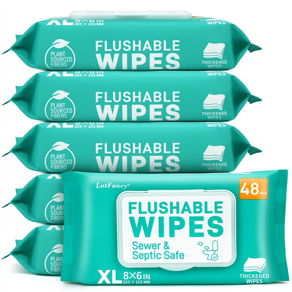 Flushable Wet Wipes Extra Large 30% Thicker – 144 or 288 Count (3-Pack or 6-Pack x 48ct), Alcohol-Free Plant-Based Septic & Sewer Safe, Sensitive Skin Baby Toddler Adult Incontinence Personal Care