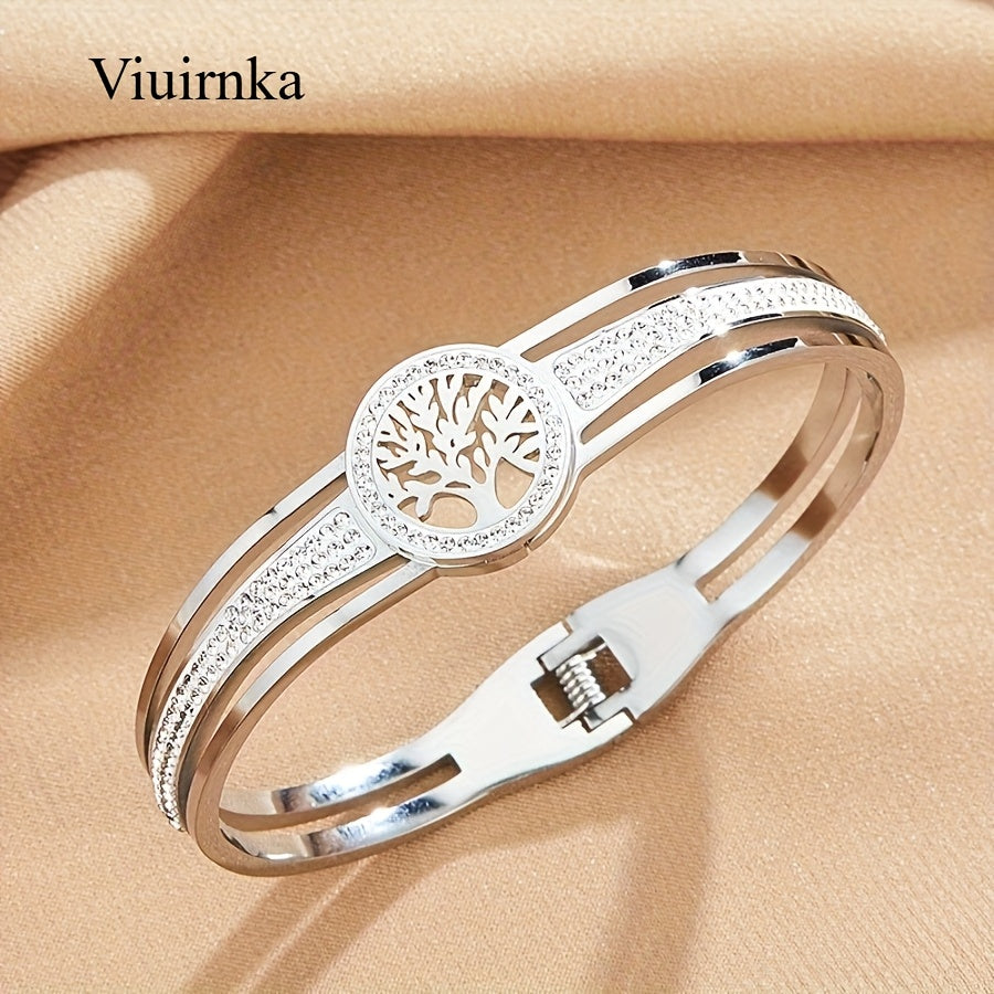 Tree of Life Bangle Bracelet for Women Stainless Steel Hypoallergenic – Symbolic Charm Cuff Gift Box Included Steel & Gold Tone Birthday Anniversary Mother's Day Valentine Gift