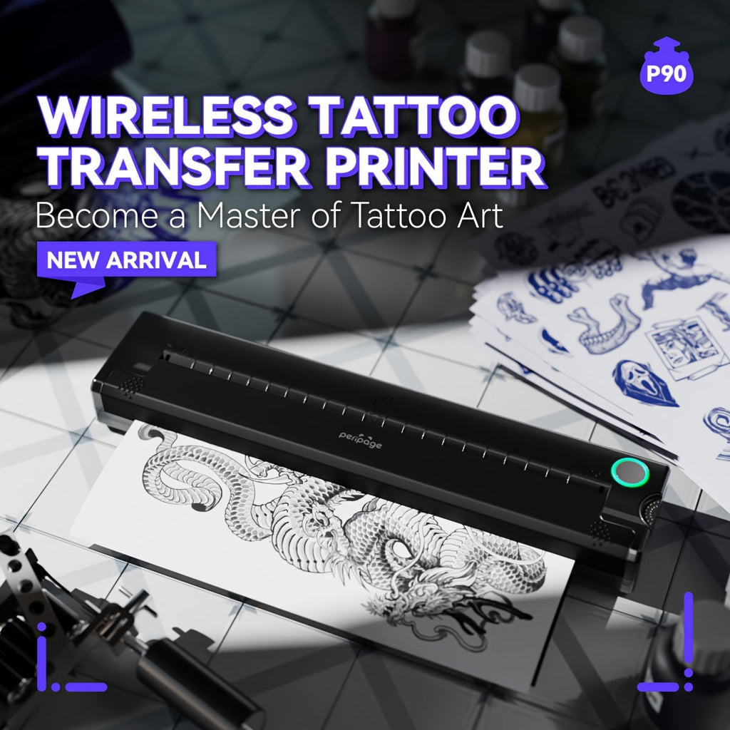 Peripage P90 Tattoo Stencil Printer – Portable Thermal Printer for Tattoo Transfer Paper, Compatible with iOS Android & PC, Mini Wireless Printer Includes 5pcs A4 Transfer Paper, Gift for Tattoo Artists