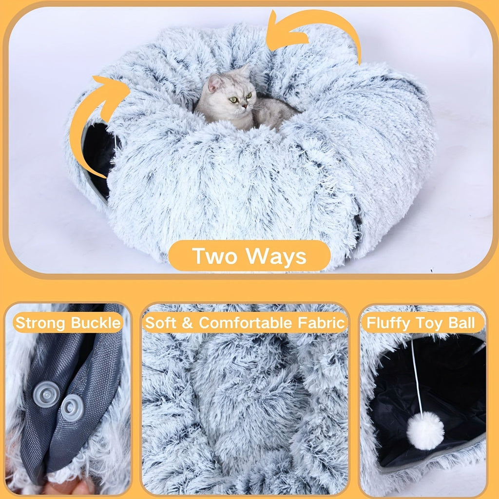 Cat Tunnel with Bed & Donut Peep Hole – Soft Plush Indoor Cat Toy, Multi-functional Hideout & Amusement Park for Cats, Kittens & Rabbits, Includes Pet Scarf, Small Medium Large