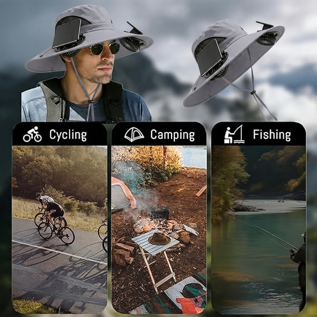 Solar Powered Cooling Fan Wide Brim Sun Hat with 2 Built-In Solar Fans – Adjustable Wind Speed Breathable Mesh UV Protection Outdoor Hat with Chin Strap for Fishing Camping & Hiking