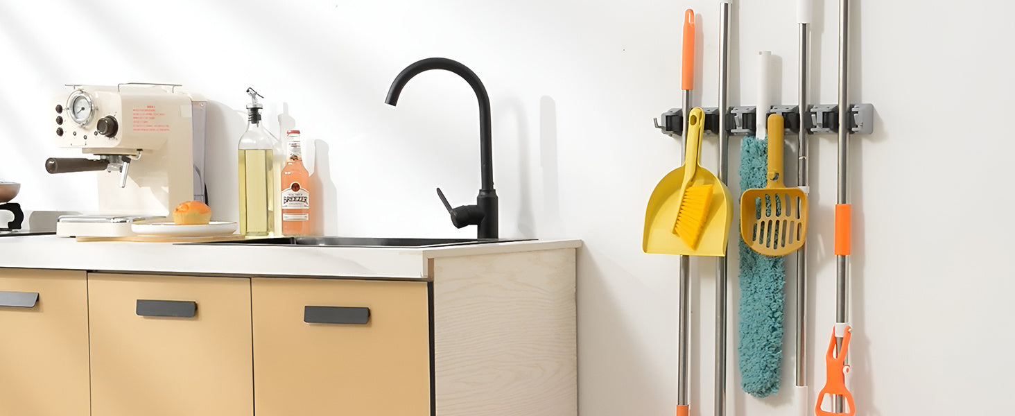 Wall-Mounted Mop and Broom Holder Organizer 5 Slots 6 Hooks Heavy-Duty Non-Slip Cleaning Tool Rack for Home Garage Kitchen Laundry Room Boat – Easy Install on Any Surface