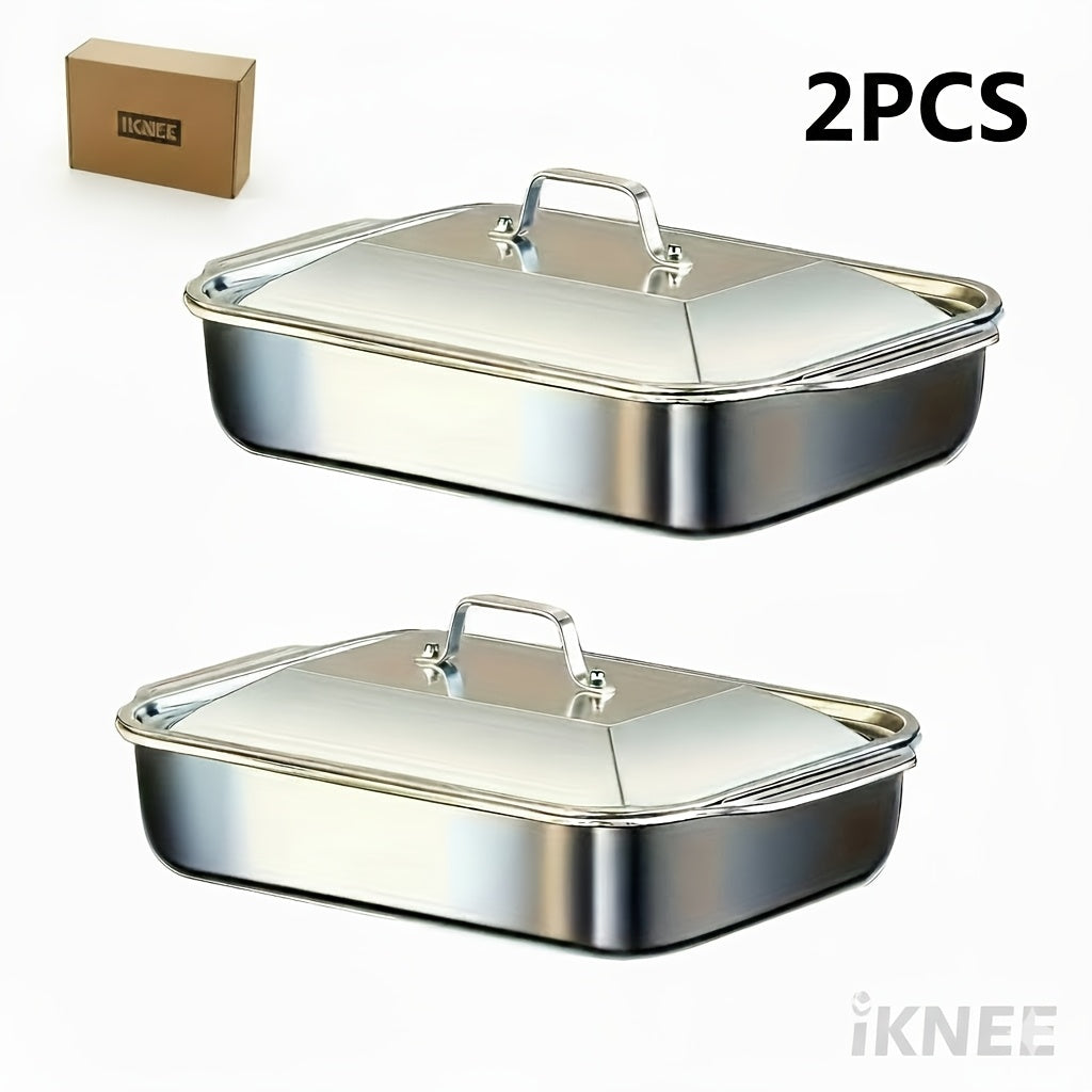 Stainless Steel Baking Pan Set 4-Piece Deep Roasting Pans with Lids Handles 6-Liter 16-Inch Rectangular Baking Dish for Turkey Lasagna Fish Chicken Dishwasher Safe Oven Safe