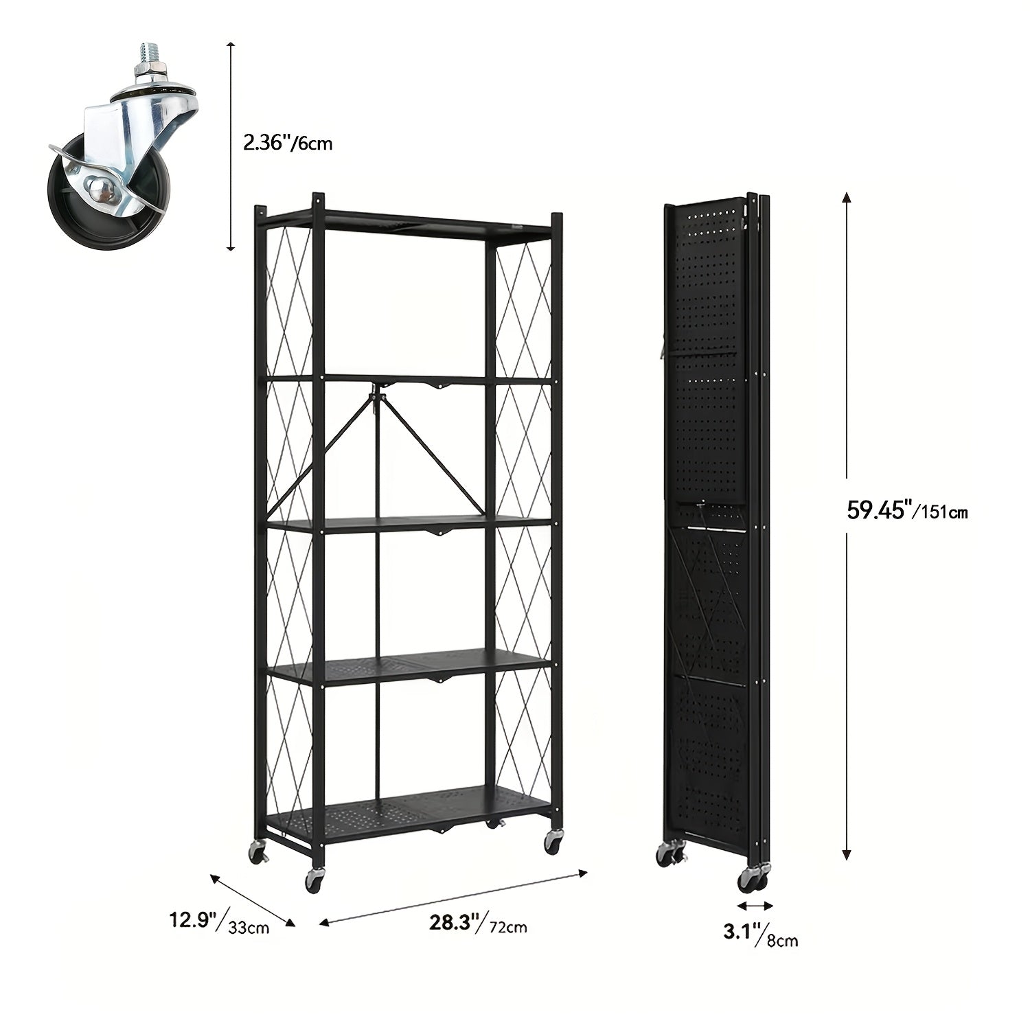 Heavy Duty Folding Storage Rack with Wheels – 3/4/5-Tier Portable Floor-Standing Shelf, No Assembly Required, for Home, Office, Bedroom & Dorm, 4 Colors Available