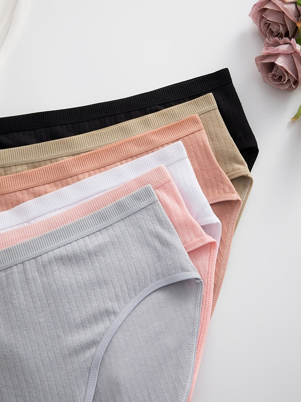 6-Pack Ribbed Thong Panties – Women's Soft Breathable Mid-Waist Triangle Underwear, Rib-Knit Texture, Solid Colors, Maternity-Friendly Everyday Panties