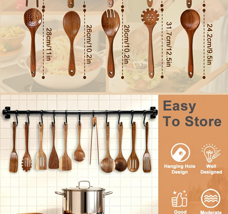 10-Piece Natural Teak Wooden Kitchen Utensils Set - Cooking Spoons, Spatulas & Shovel, Non-Stick Safe, Heat Resistant, Eco-Friendly Wood Cookware Tools for Home Kitchen