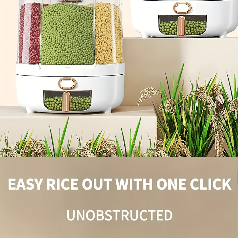 Rotating Cereal Dispenser 6-Grid Large Capacity Airtight Rice Storage Container, Moisture-Proof Insect-Proof Grain Dispenser with Transparent Window & Press Button, Food-Grade PP for Rice Grains Flour