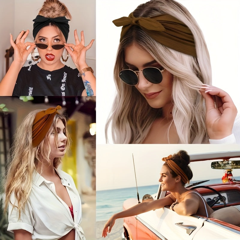 Rabbit Ear Bow Headbands for Women 4 Pack Wide – Non-Slip Elastic Sports Yoga Gym Hair Wrap Soft Thick Turban Hairband Set, Cute Bow Knot Hair Accessories Gift for Girls & Teens