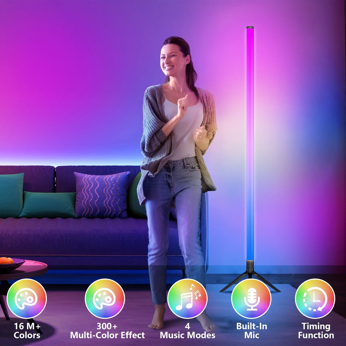 RGB Corner Floor Lamp 16 Million Colors Music Sync APP Remote Control 300 Plus Effects 2700K-6000K Dimmable Smart Standing Light for Living Room Bedroom Gaming Room Office