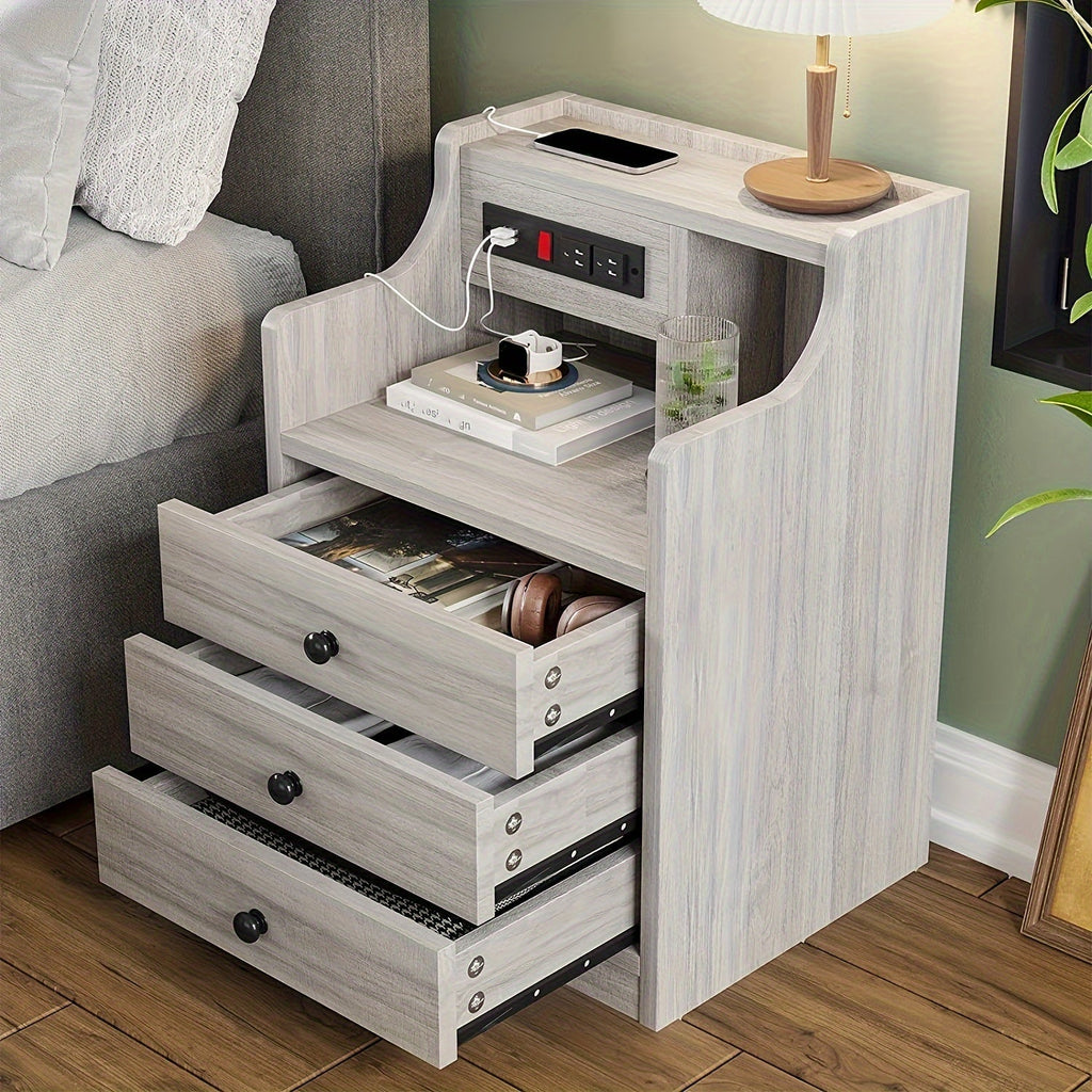 Nightstand with Charging Station 2 USB Ports 2 Outlets - 3 Drawers Hutch Bedroom End Table Sofa Side Table for Living Room Office Gray White 14x17.7x26.8 Inch