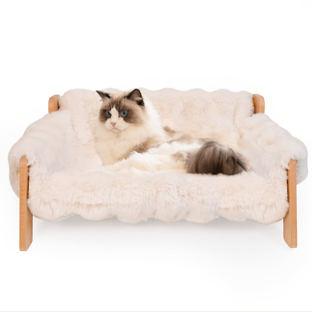 Elevated Pet Sofa Bed Solid Wood Frame Bamboo Mat Replaceable Fleece Mattress Modern Lounge Chair for Small Medium Dogs Cats Gray White Bamboo Style