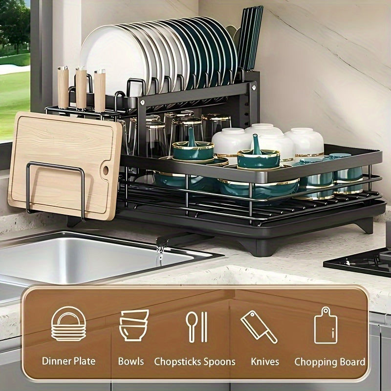 2-Tier Dish Drying Rack Kitchen Counter Drainboard Drain Mat Knife Fork Cup Holder Utensil Organizer Dish Drainer Kitchen Gadget Gift for Women Mother's Day Black Gray White