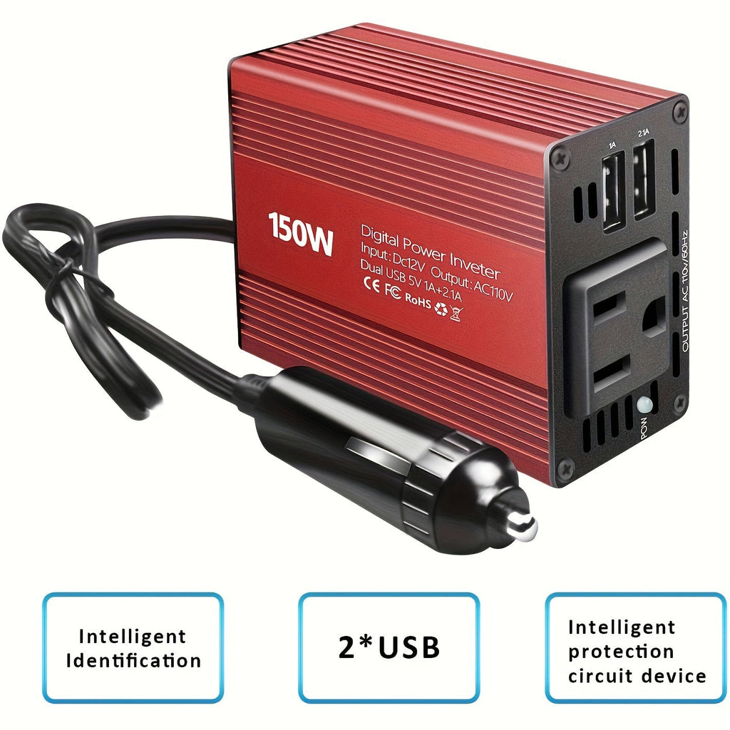 150W Car Power Inverter DC 12V to AC 110V Converter with Dual USB 3.1A Ports Vehicle Outlet Adapter Plug for Laptop Phone Tablet Camping Road Trip Travel Essentials