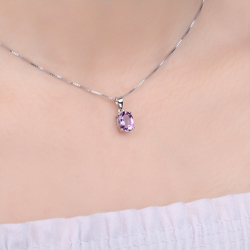 925 Sterling Silver Natural Gemstone Oval Cut Pendant Necklace for Women – Amethyst Citrine Garnet Peridot Topaz Multi-Faceted Fine Jewelry, Elegant Dating Daily Gift for Girls