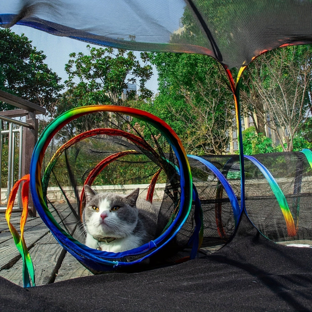 Rainbow Cat Playpen Outdoor Cat Enclosure with Circle Tunnel Portable Pop-Up Tent Foldable Cat Playground for Cats Kittens Rabbits Small Animals Indoor Outdoor Safe Exercise Space