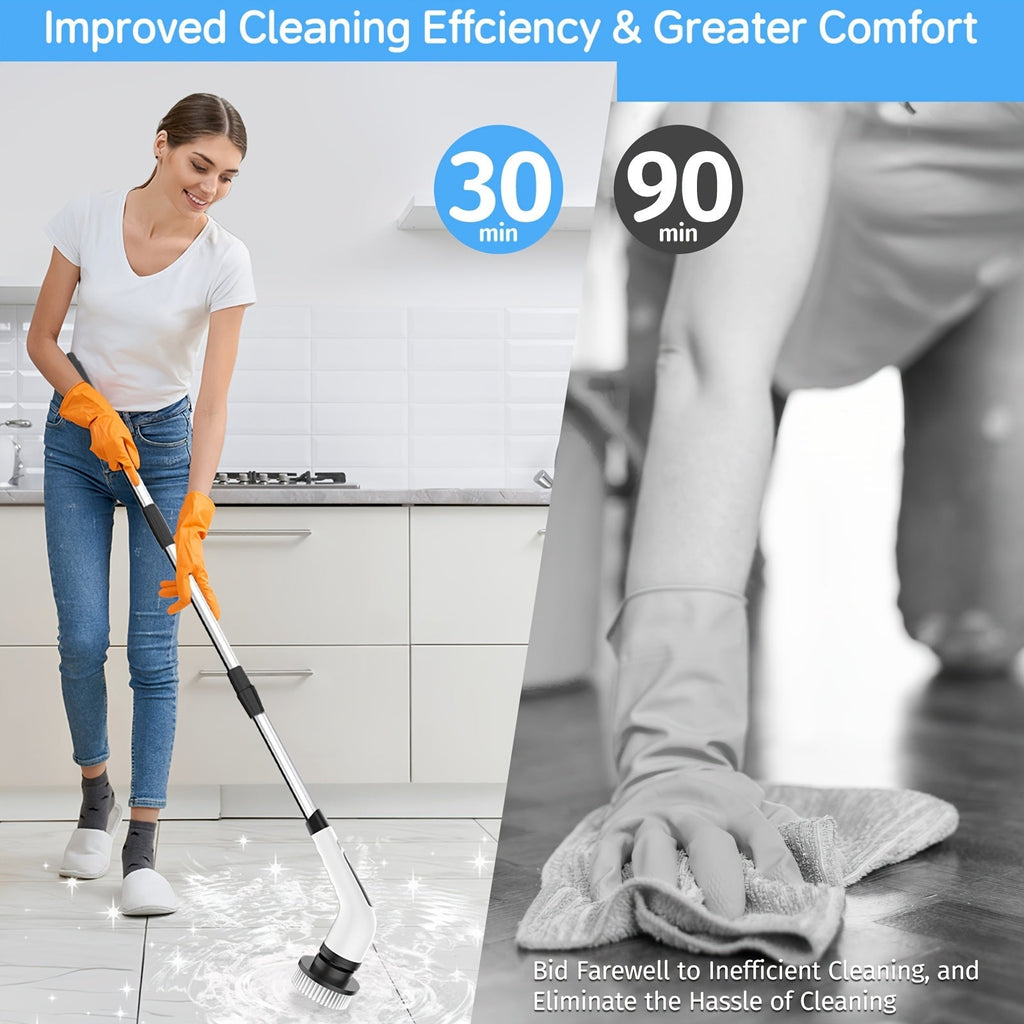 Electric Spin Scrubber Cordless with 7 Replaceable Brush Heads – Dual Adjustable Speeds Adjustable Detachable Handle for Bathroom Tub Tile Grout Floor Shower Kitchen Cleaning, White & Black