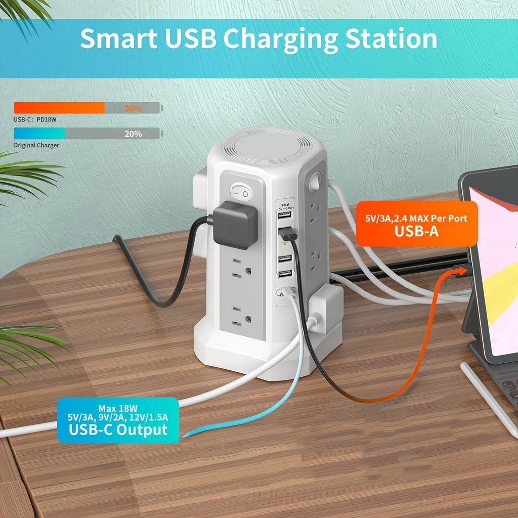 Tower Surge Protector Power Strip 12 Outlets 5 USB Ports PD 18W USB-C Fast Charging 10FT Extension Cord 1800J Surge Protection 4 Independent Switches Home Office Desk Dorm Room Vertical Design