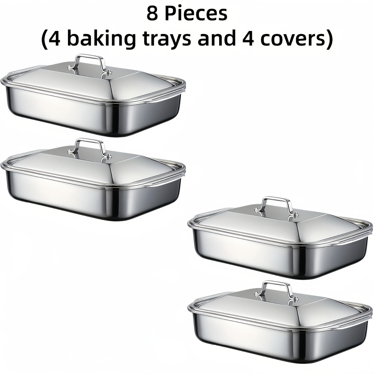 Stainless Steel Baking Pans with Lids Set – Extra Large Non-Stick Heavy Duty Rectangular Oven Trays for Roasting Bread Desserts Seafood BBQ Buffet Serving, 2 4 6 8 Pack Options