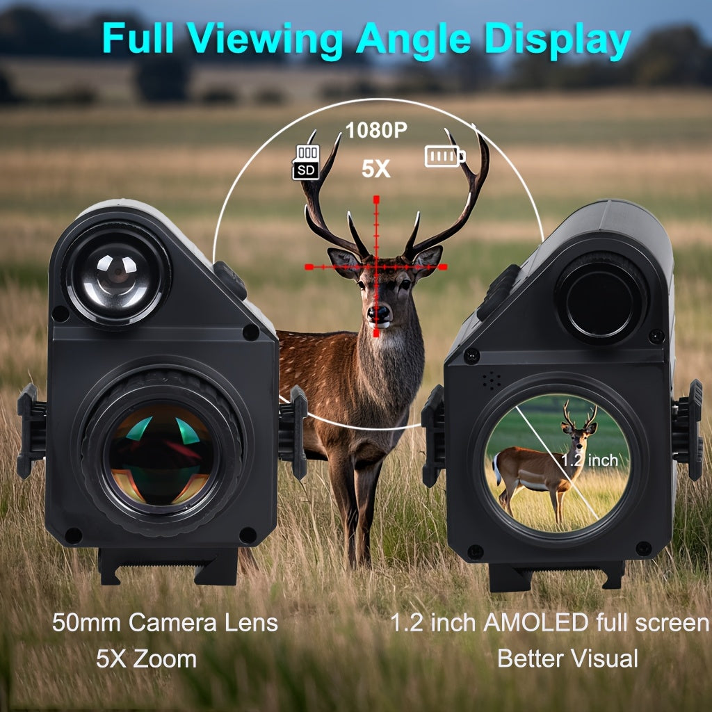 Digital Night Vision Riflescope with Built-In Reticle – 5X Zoom Infrared Hunting Scope, HD 1080P Video Recording, 32GB TF Card & 2600mAh Battery for Hunting Camping Wildlife Observation Night Adventure