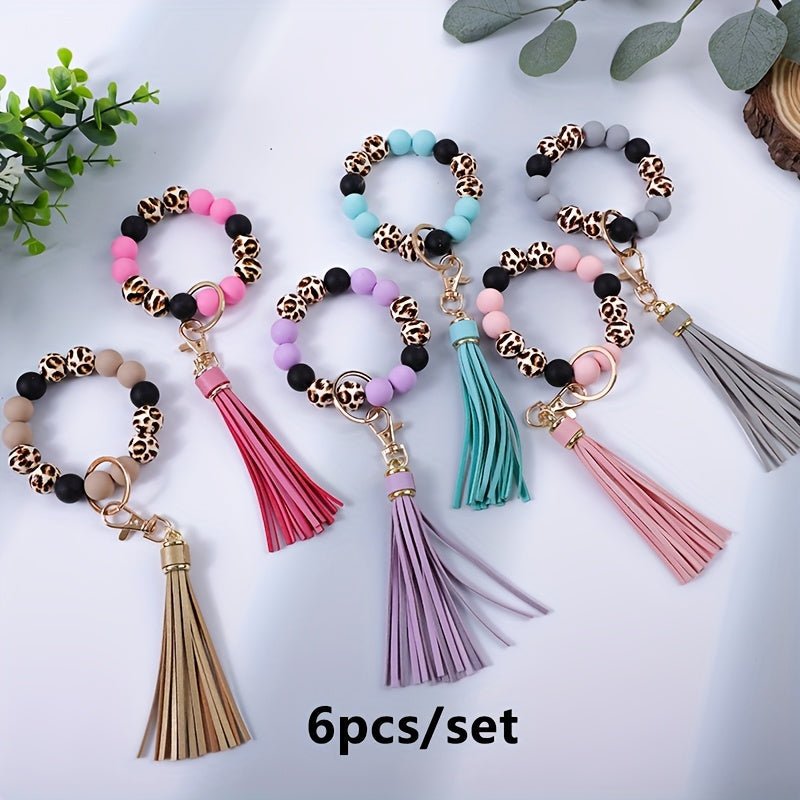 6Pcs Leopard Print Wooden Bead Keychain Set with Tassel & Silicone Beads – Wrist Key Ring Gift for Mom, Friends & Holiday Occasions