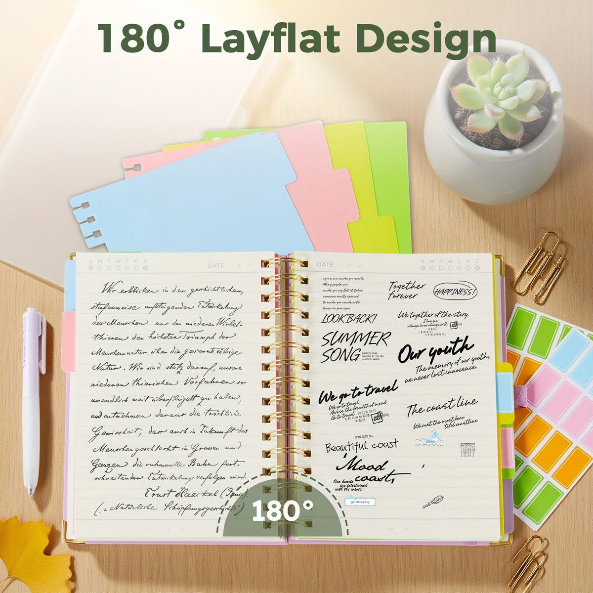 A5 Hardcover 5-Subject Spiral Notebook 300 College-Ruled Pages with Removable Divider Tabs Built-In Pocket 6.1x8.4 Inch Lined Journal for Students Work School Note Taking Purple Green Pink Black
