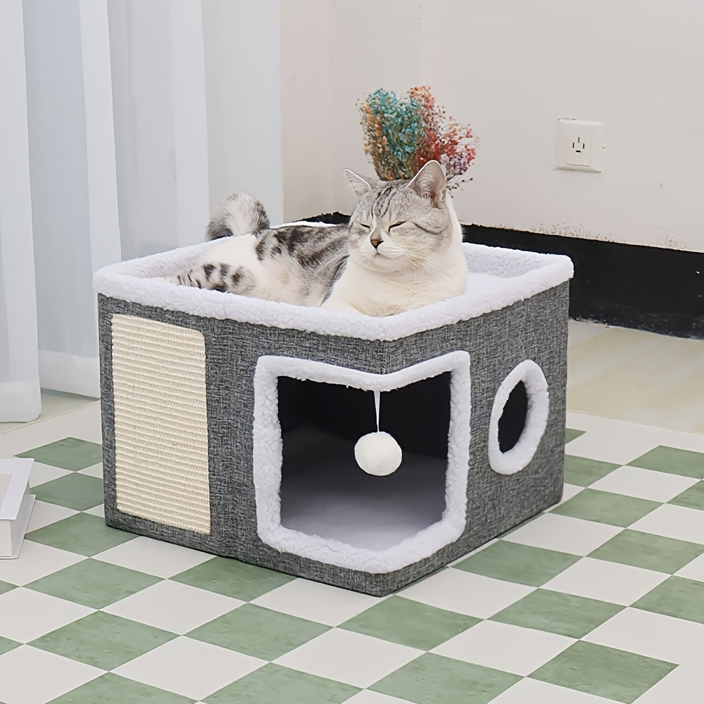 Foldable Multi-Layer Cat House with 2-Tier Bed Toy Tunnel Scratching Post Plush Hanging Ball Cozy Mat Indoor Cat Cube Enclosure Nylon Frame Canvas All-Season Cat Furniture for Indoor Cats
