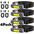 Rechargeable COB LED Headlamp 4-Pack – Super Bright USB Rechargeable Headlight with Magnetic Base, Long Range & COB Modes, Adjustable Hard Hat Clip, 500mAh Battery for Camping, Hiking, Fishing & Work