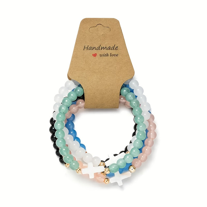 Cross Glass Bead Bracelet Set 10pcs Boho Stackable – Multi-Layer Elastic Wristbands with Zircon & Zinc Alloy Accents for Women, Elegant Spiritual Jewelry for Daily Wear, Parties & Gifting